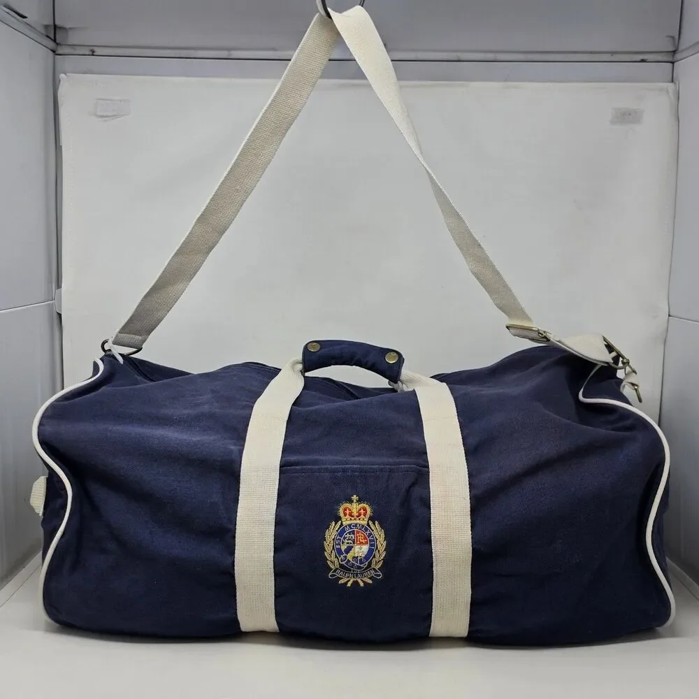 Vtg Polo Ralph Lauren Crest Logo Blue Canvas Large Duffle Bag 24X12 Distressed